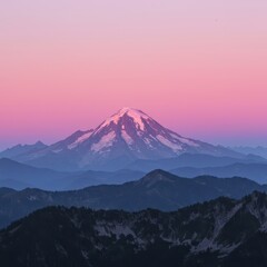 Fototapeta premium Grand mountain range under a serene twilight sky painted with soft pink and lavender colors at sunset, glow, background, horizon