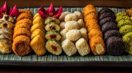 Assorted colorful bite sized snacks arranged on tray