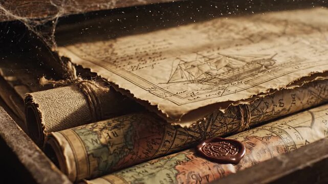 Ancient Maps and Documents in a Wooden Chest.