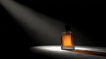 Sleek glass bottle with amber liquid in spotlight