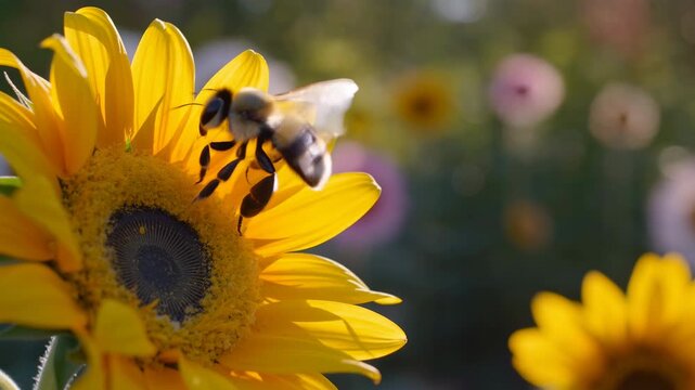 Sunflower Visited By Busy Bee. Bee Skillfully Pollinates Sunflower In Sunny Garden Setting