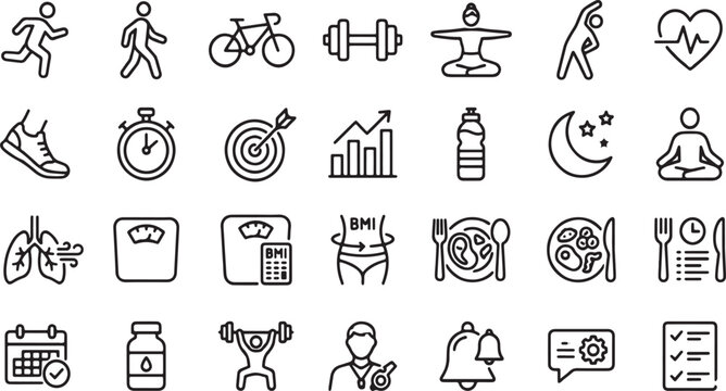 Fitness app UI icon set with running, yoga, gym, workout, heart rate, BMI, nutrition, stopwatch and health tracking elements, modern line style vector icons for mobile apps, dashboards and wellness de