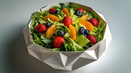 Healthy fruit and green salad in modern white bowl
