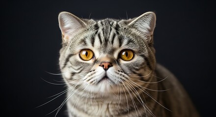 Obraz premium Tabby cat with striking amber eyes gazes forward against a dark background.