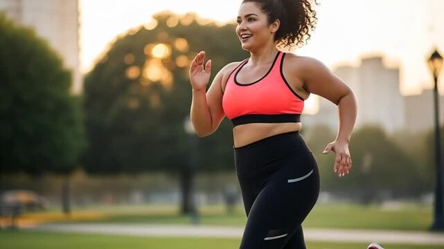 Confident plus-size woman running in the park during sunset fitness and healthy lifestyle morning