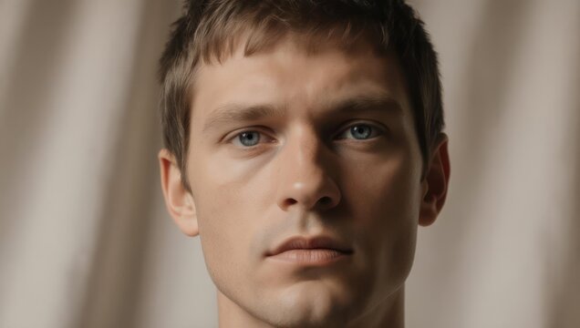 Close-up portrait of a handsome man with short brown hair and blue eyes.