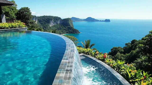 An infinity pool overlooking a tropical landscape with stunning ocean views