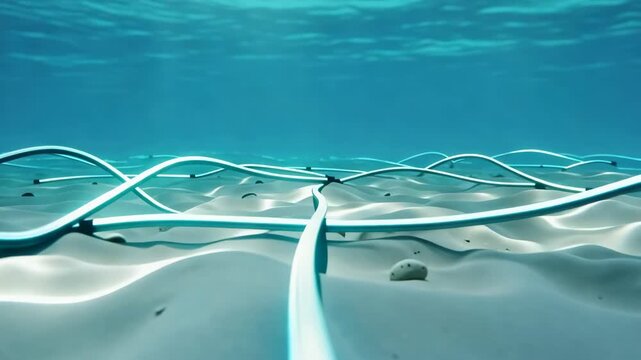 Underwater cables on sandy seabed with light filtering through the water in abstract concept