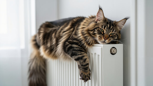 Maine Coon cat relaxing on a radiator in a modern home  