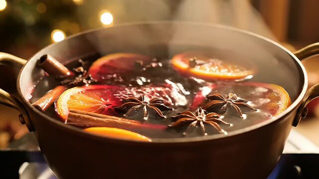 Steaming pot of mulled cooking on a stove