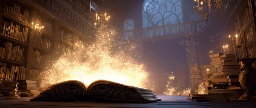 Magic book in enchanting library with spirits & glowing light in the room, magic, book, enchanting, library, spirits