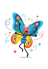 Colorful cartoon butterfly with vibrant wings and playful design.