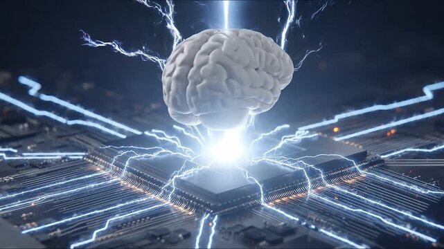 A stylized depiction of a human brain emanating electrical energy above a computerized circuit board, showcasing the interplay of technology and
