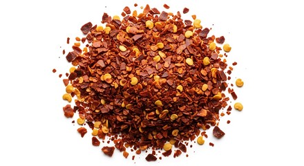 A pile of dried red chili flakes on a white background.