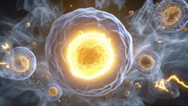 Glowing Cells Interacting in Dark Space with Dynamic Energy and Detailed Structure