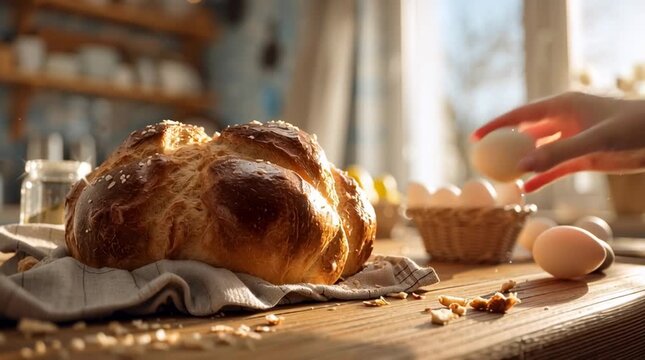 Freshly baked bread on a wooden table with eggs and flowers in the background. A cozy kitchen setting with natural light.
