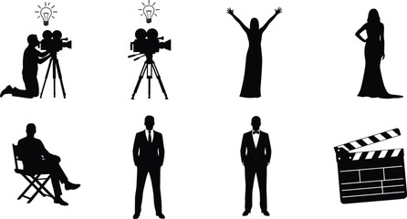 Film industry silhouettes set cameraman director actor clapperboard cinema production filmmaking black vector illustration collection