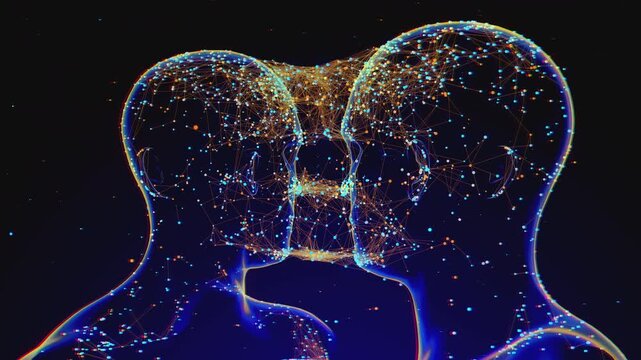 Endless motion graphic of holographic human profiles with flowing information particles for neuroscience and cognitive research