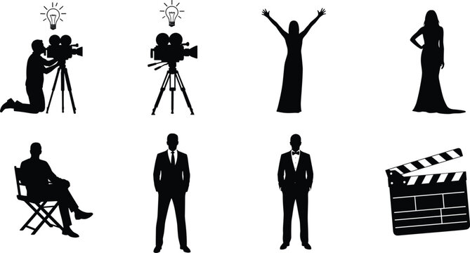Film industry silhouettes set cameraman director actor clapperboard cinema production filmmaking black vector illustration collection