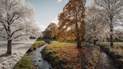 Composite Image Showing the Transition of Seasons from Autumn to Winter.