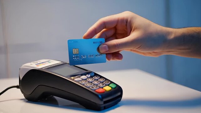 Customer paying with contactless credit card at point of sale terminal for digital payment transaction.