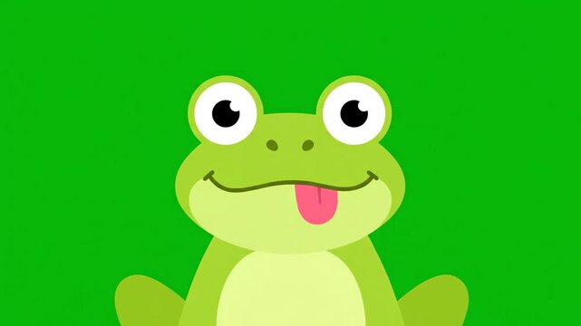 Close-up of a cheerful cartoon frog with wide eyes and tongue out, set against a vibrant green backdrop. Perfect for playful and educational content.