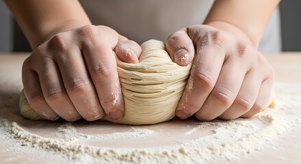Close Up Of Hands Kneading Wheat Dough On A Wooden Table With Flour Sprinkled Around For Baking Homemade Bread And Pastries