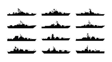 Collection of various naval warship silhouettes in black on white background for design and military concepts © Soma