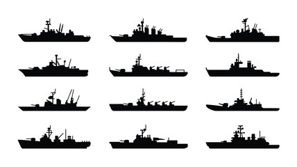 Collection of various naval warship silhouettes in black on white background for design and military concepts © Soma