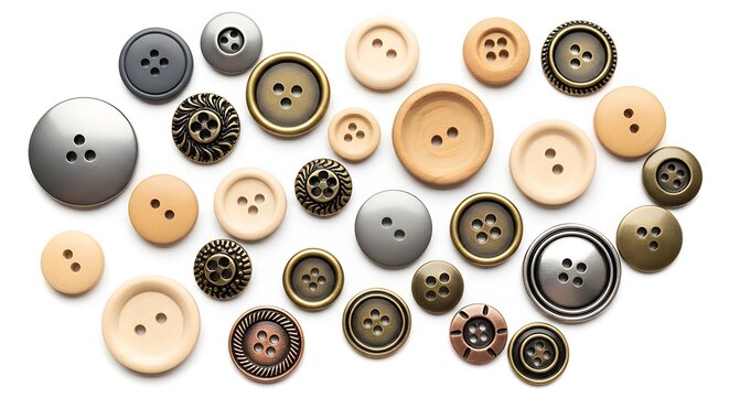 Assorted buttons in various shapes, sizes, and colors arranged on a white background.