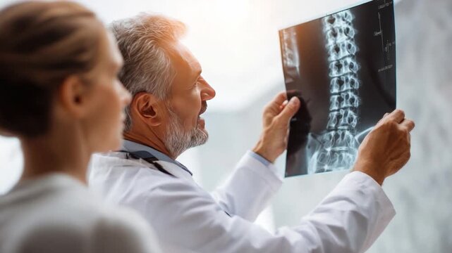 Examination in Diagnostic Center: A doctor examines an X-ray alongside a patient, in the medical center and analyzing the situation.