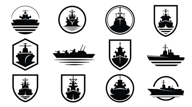 Military ship silhouettes logos collection naval vessel icons black and white graphic resources for design