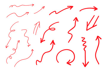 Hand-drawn red arrows collection. Diverse directional elements including curved, wavy, spiral,...