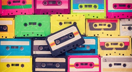 Colorful Cassette Tapes Arranged in Background with One Falling