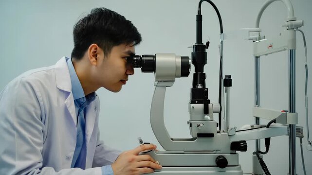 Ophthalmologist examining patient's eyes with slit lamp microscope during eye care checkup in medical clinic.