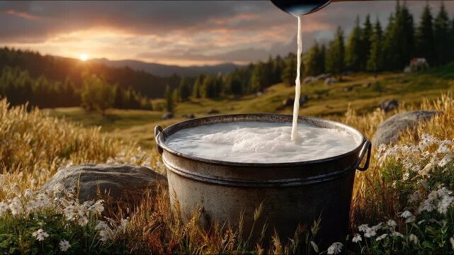Rustic Bucket Filled with Fresh Milk Against a Sunset Backdrop in a Serene Meadow