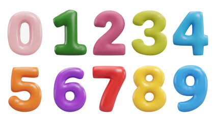 Number 3d set. Render illustration of cartoon colorful glossy inflatable balloon numbers for creating sale.