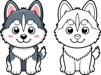 Cute cartoon husky puppy character set, colored and outline version isolated on white background, adorable dog mascot vector illustration for kids design © Ragon
