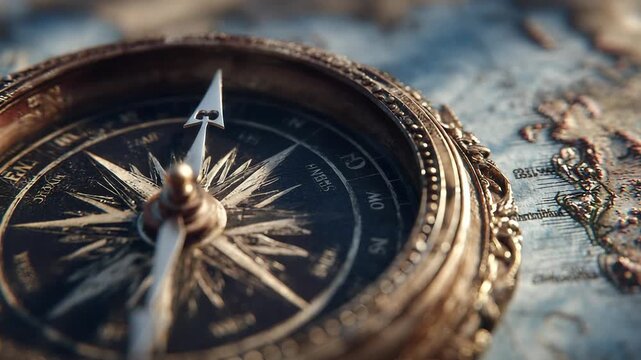 Antique Brass Compass on Vintage Nautical Map, Detailed Still Life Photography for Travel and Exploration Themes