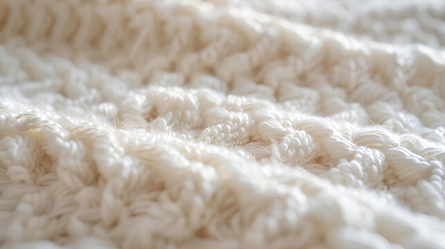 Extreme close-up of ivory white knitted wool texture with soft organic fiber details
