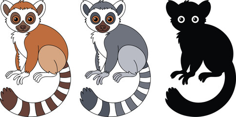 Cute lemur cartoon collection with brown and gray characters and silhouette, adorable jungle primate illustration isolated on white background for children design © Ragon