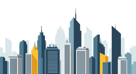 Obraz premium Modern city skyline illustration with blue and yellow flat vector buildings