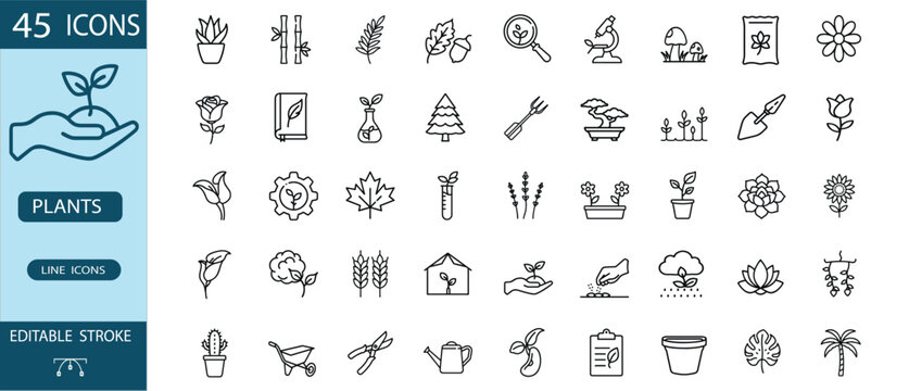 Plant and botany nature outline icon set featuring gardening tools seeds flower pot leaf tree growth research agriculture vector illustration editable stroke