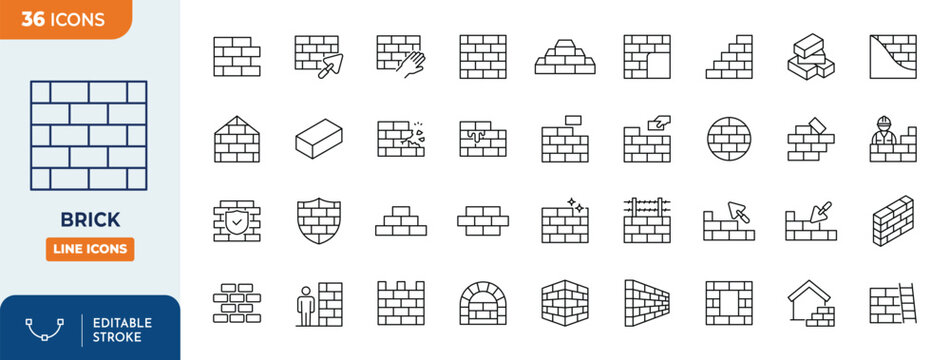 Brick icon set. Contain icons related to Brick wall, brickwork, brick, build, and more. Editable stroke. Vector Illustration