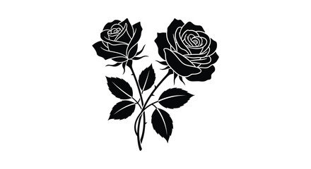 A striking black and white illustration depicts two roses with stems and leaves in a bold silhouette high quality professional detailed © CreativeAlim02
