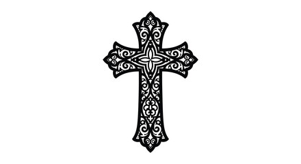 An ornate detailed black cross with swirling patterns and floral motifs stands prominently against a white background silhouette © Nupur02