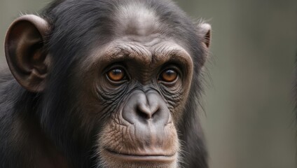Fototapeta premium Close up portrait of a chimpanzee with expressive eyes and wrinkled face.