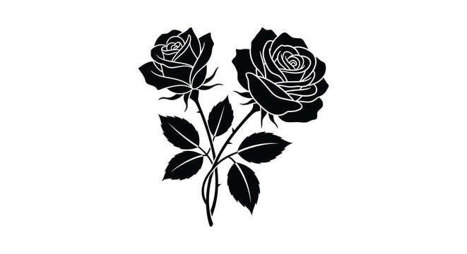 A striking black and white illustration depicts two roses with stems and leaves in a bold silhouette high quality professional detailed