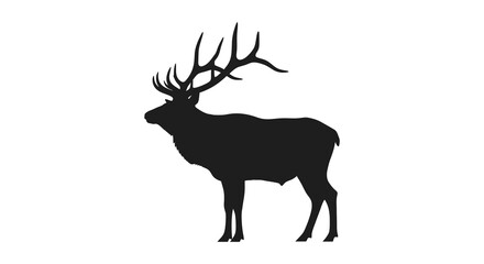 A striking black silhouette of a majestic elk with large antlers stands prominently against a white background silhouette © Nupur02