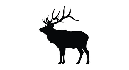 A striking black silhouette of a majestic elk stands prominently against a completely white background silhouette high quality professional © Nupur02